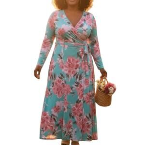 Pink Blue Floral Wrap Maxi Dress Plus Size 3X Stretchy Belted Easter Wedding